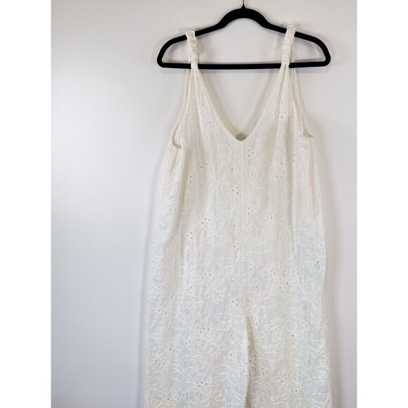 ZARA Womens Jumpsuit White Floral Eyelet V Neck Sleeveless Wide Leg Boho Large - Picture 5 of 11